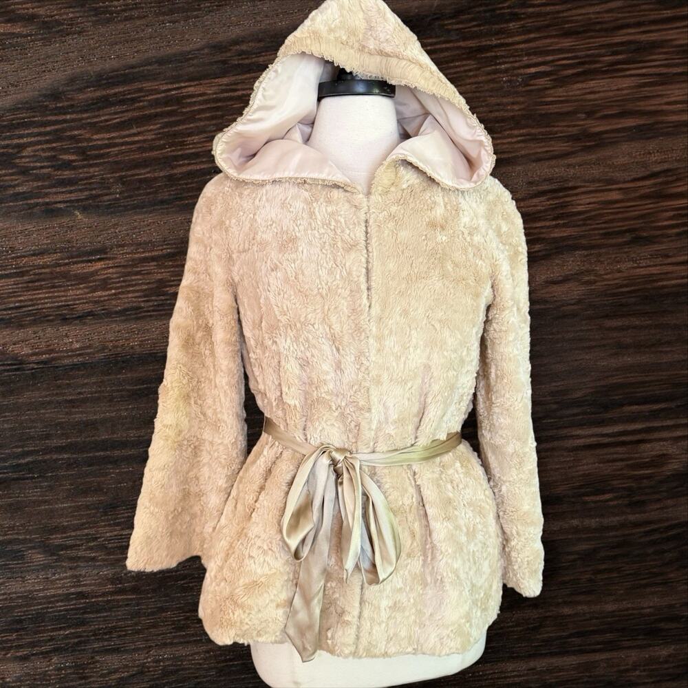 Rebecca Taylor Light Weight Faux Fur Hooded Jacket Sz 8‎ Satin Belt Beige Boho